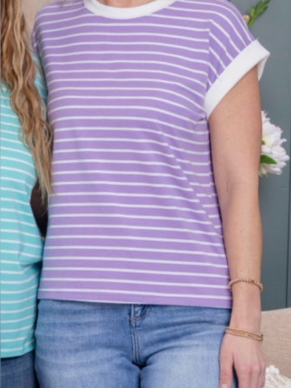 Contrast Trim Cap Sleeve Striped Lavender Tee - Women. Small